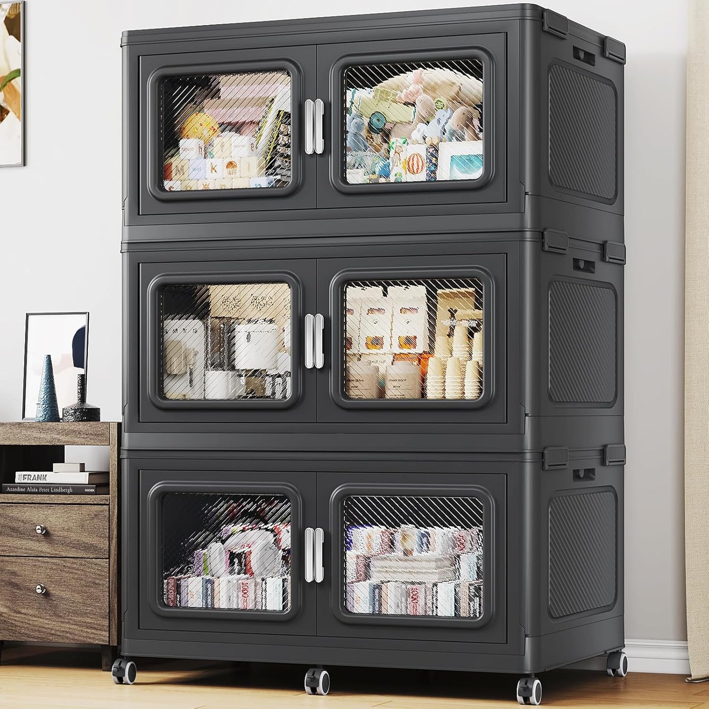 660 Qt Stackable Storage Bin with Lids, 165Gal Extra Large Collapsible Storage Boxes, Folding Plastic Drawer, Heavy-Duty Store Cabinet, Closet Organizer for Home Kitchen, 3 Pack Black