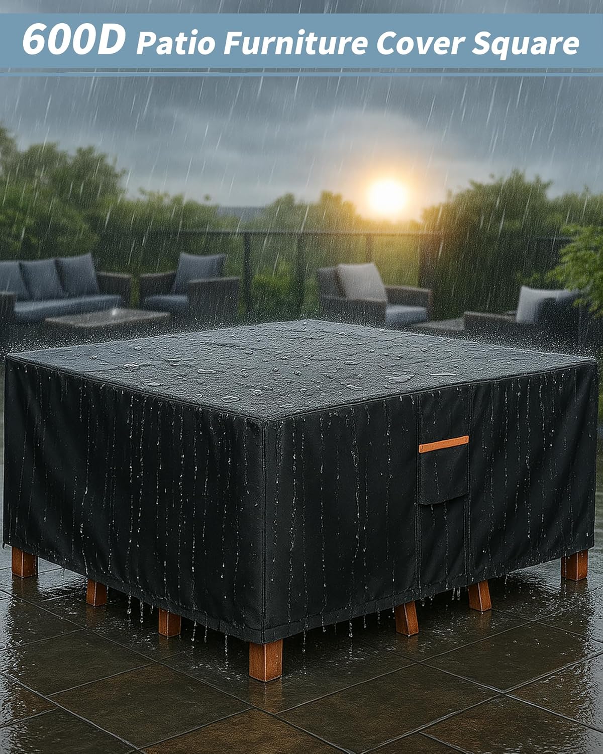Outdoor Waterproof Furniture Cover, 94W x 94L x 28H inches Heavy Duty 600D Square Table and Chair Set Protection, Black