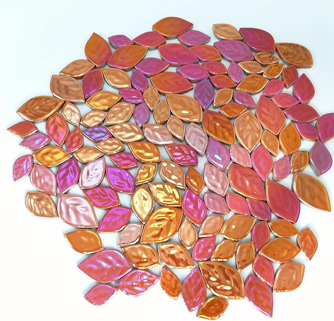 1.1LB Random Iridescent Leaves Ceramics Mosaic Tiles, Making Creative 3 Size Ceramic Mosaic Pieces for DIY Craft,Flowerpots, Vases, Cups, Garden Decor Mosaic Making Supplies (Orange)