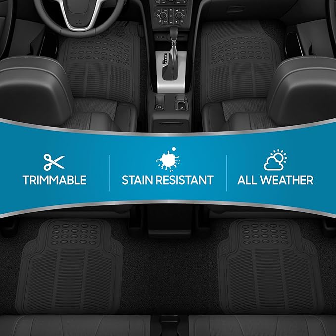 BDK Floor Mats, 4-Piece All-Weather Car Mat with Universal Fit Design, Durable Rubber Car Floor Mats with Capture Ridges, Waterproof for Cars Trucks SUV (Black)