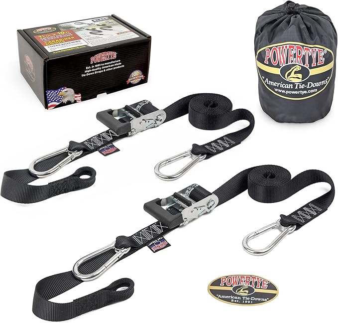 PowerTye 1.5 inch x 10ft Extra Long Ratchet Tie Down Straps, Heavy Duty with Carabiner Hooks, Soft-Tye & Bag, for Motorcycle, ATV & Cargo - 1,000 lb WLL - Made in USA - Black/Black Pair