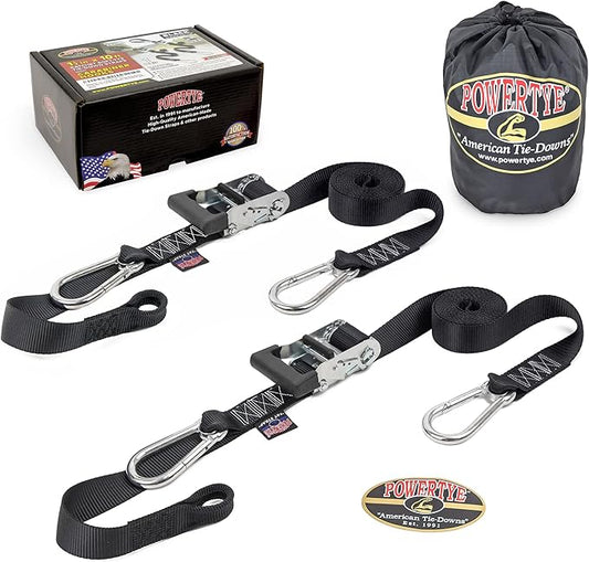 PowerTye 1.5 inch x 10ft Extra Long Ratchet Tie Down Straps, Heavy Duty with Carabiner Hooks, Soft-Tye & Bag, for Motorcycle, ATV & Cargo - 1,000 lb WLL - Made in USA - Black/Black Pair