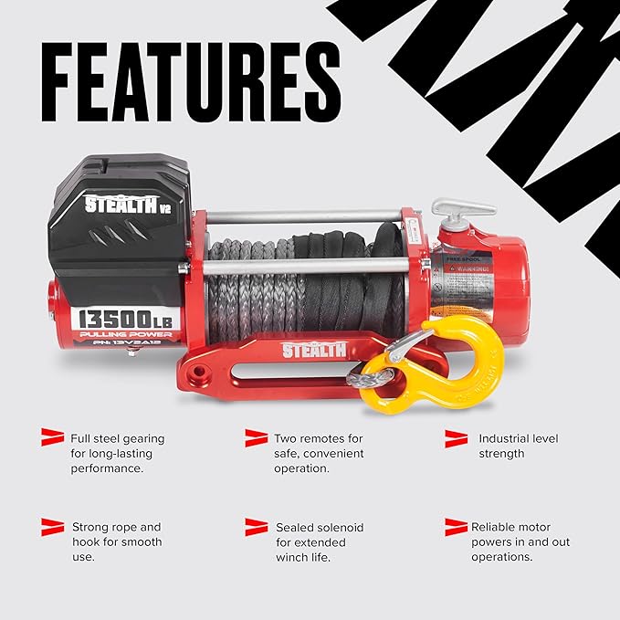 Stealth Winches 13500lb Truck Winch,12-Volt Electric Winch with 2 Wireless remotes and Synthetic Rope, 4x4, Perfect for Off-Road SUV Towing Trailer Winch, Weatherproof, with Hawse Fairlead Heavy Duty