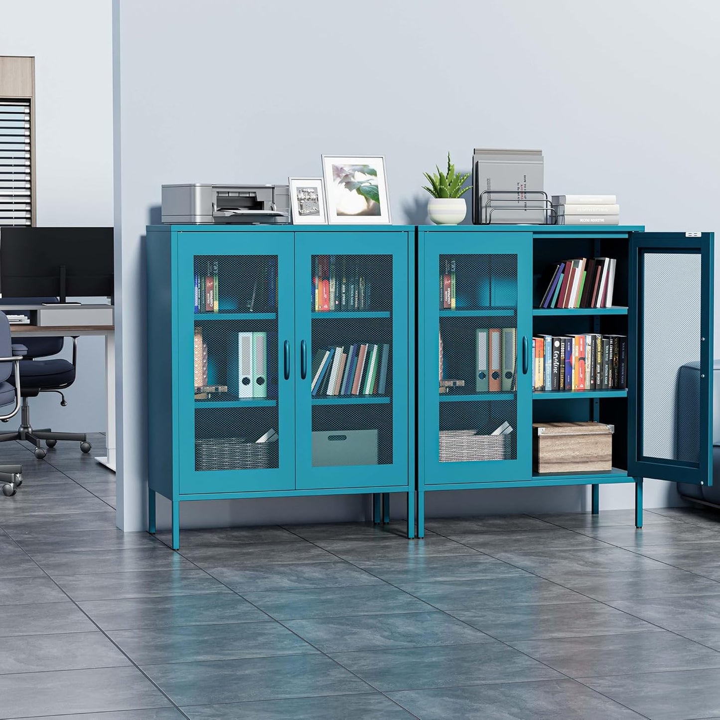 Metal Storage Cabinet with Mesh Doors,Steel Display Cabinet with Adjustable Shelves,Metal Office Storage Locker for Home Office,Garage(Blue, 40''H)