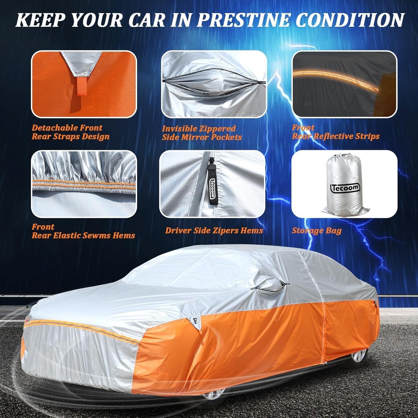 Tecoom Car Cover Waterproof All Weather, Windproof Storm Full Exterior Covers for Automobiles, UV Sun Protection Snowproof Car Tarp w/ 3 Gust Straps Mirrior Door Zipper, Universal Fit 170"-190" Sedan