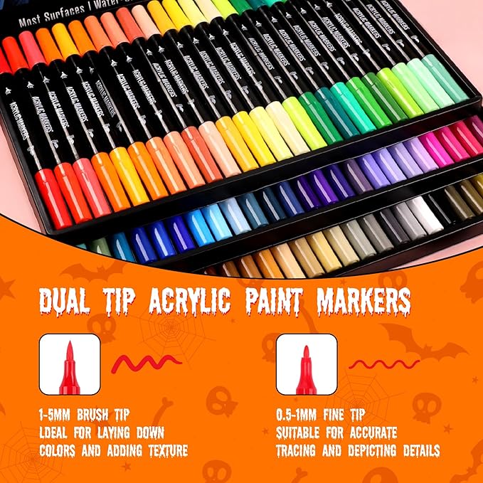 72 Colors Acrylic Paint Markers, Dual Tip with Fine Tip and Brush Tip Pens for Stone, Wood, Calligraphy, Canvas, Ceramic, Metal, Glass, Rock Painting, DIY Crafts
