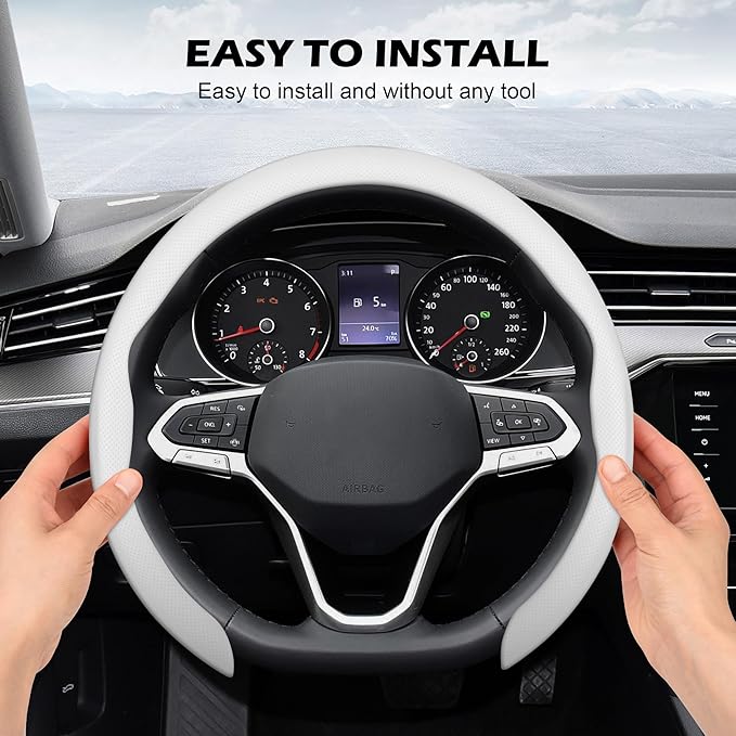 frani Nappa Leather Steering Wheel Cover, Universal 15 Inch Premium Non-Slip Steering Wheel Cover White