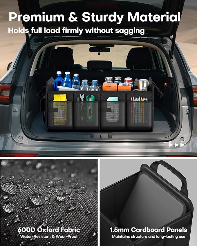 HOTOR Trunk Organizer for SUV – Foldable & Portable Car Organizers and Storage with 2 Compartments, Large Capacity Car Trunk Organizer Car Accessories for Truck Sedan, Black, 21.7" x 12.8" x 11.0"