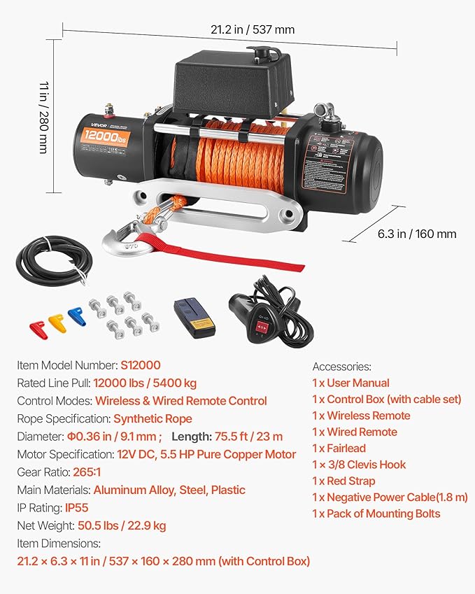 VEVOR Electric Winch, 12000 lbs Load Capacity, 12V DC Truck Winch with Φ0.36 in x 75.5 ft Synthetic Rope, Wireless & Wired Remote Control, IP55 Waterproof for Towing Off-Road SUV Jeep Trailer