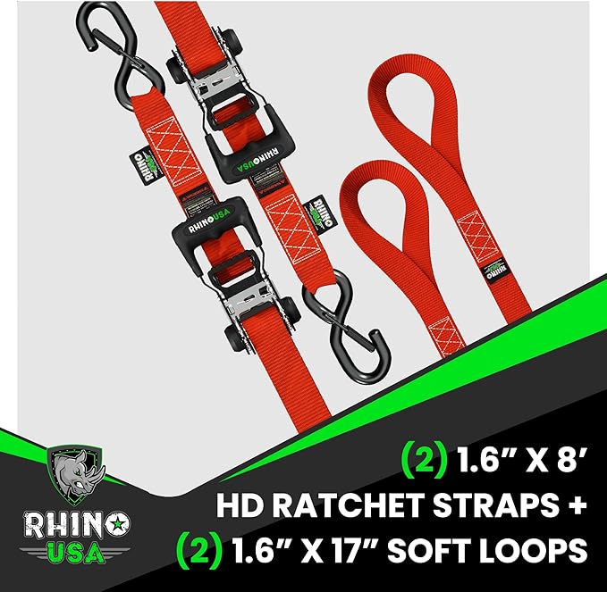 Rhino USA Ratchet Straps Heavy Duty Kit (4-Pack) - 1.6 Inch x 8 Feet Min Break Strength (5,000) - Ultimate Tie Down Straps with Safety S Hooks for Trucks, ATV, UTV, Motorcycle, Cargo & More - Black