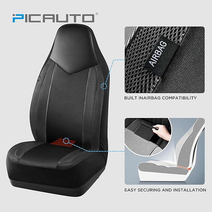 PIC AUTO Leather Car Seat Covers, Sports Carbon Fiber & Mesh Design, High-Back Two Front Set, Waterproof Automotive Seat Covers, Airbag Compatible, Universal Fit for Most Cars (Black & Black)