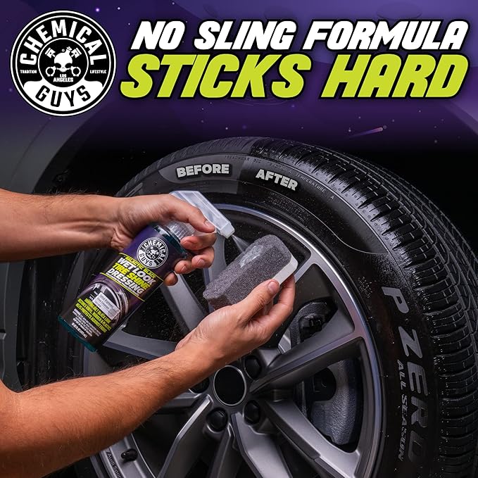 Chemical Guys Galactic Black Wet Look Tire Shine Dressing – High Gloss Spray for Tires, Trim and Rubber – Restores Deep Black Shine and Protection for Cars, Trucks, Motorcycles and RVs, 16 oz
