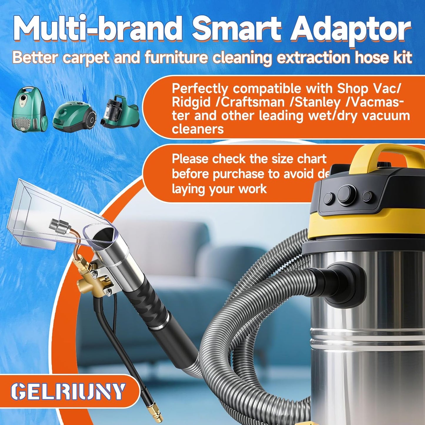 Upgraded Vacuum Cleaner Extractor Kit Compatible with Shop Vac, 50 FT Waterline, Carpet and Upholstery Cleaning Extractor Hose Kit with Hose and Adapter for Home and Car Cleaning, 10 FT Vacuum Hose