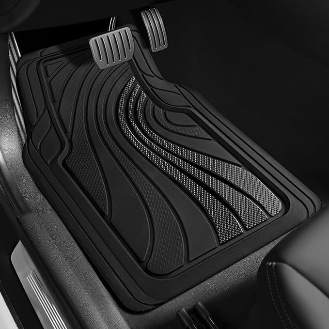 Road Comforts Car Floor Mats Full Set – Front & Rear Car Floor Mats with Aluminum Design, Anti-Slip Backing, All-Weather Protection, Trim-to-Fit Car Mats for Most Sedans, SUVs & Vans - Black