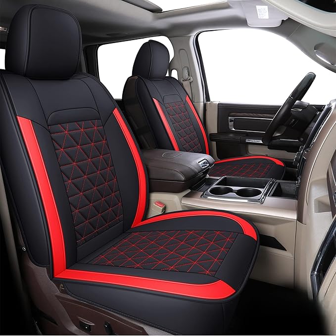 Coverado Seat Covers Full Set, Waterproof RAM 1500 Seat Cover Compatible with 2002-2025 Dodge RAM 1500 2500 3500 Truck Pickup Crew Double Mega Quad Cab with Flat Bench, Red