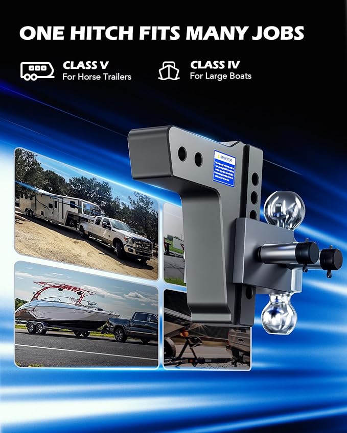 Orion Motor Tech Adjustable Trailer Hitch, Heavy Duty 2.5 inch Receiver Hitch, 6" Drop Hitch with 2" & 2-5/16" Balls, 360° Dual-Ball Mount with 18500lb Towing Capacity for Class IV & V, Gray