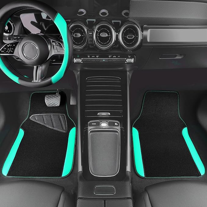 CAR PASS Faux Leather Steering Wheel Cover and Waterproof Car Floor Mats,Universal Car Combo Fit for 95% Sedan,SUV,Cars,14.5-15inch Sporty Anti-Slip Safety Comfortable Design(Black＆Mint)