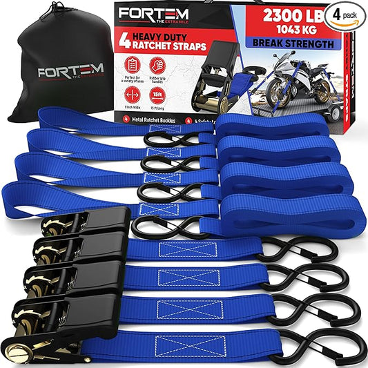 FORTEM Ratchet Straps, Tie Down Strap Set 2300lb Break Strength, 4 Pack 15ft x 1in, 4 Soft Loops, Moving Straps Tie Downs, Cargo Cam Buckles for Trucks, Carry Bag, for Men