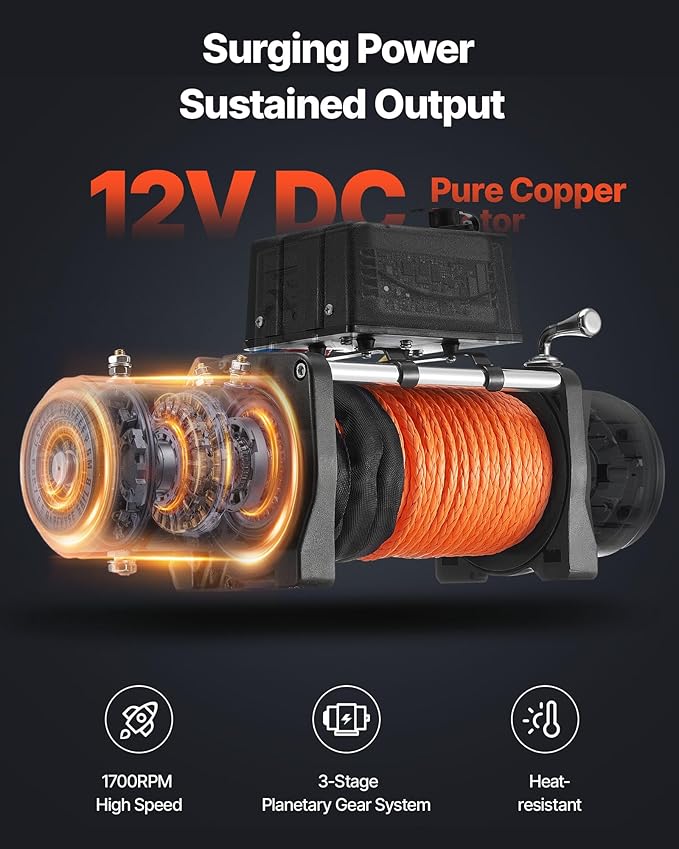 VEVOR Electric Winch, 12000 lbs Load Capacity, 12V DC Truck Winch with Φ0.36 in x 75.5 ft Synthetic Rope, Wireless & Wired Remote Control, IP55 Waterproof for Towing Off-Road SUV Jeep Trailer