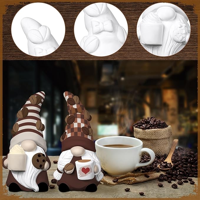 Hollowfly 2 Set Ready to Paint Your Own Gnome Statue 4" Mini Paintable Ceramics Blank Gnome Figurine Brush Palette Paint for Halloween Craft DIY Art Adult Employee Appreciation Gift (Coffee Style)