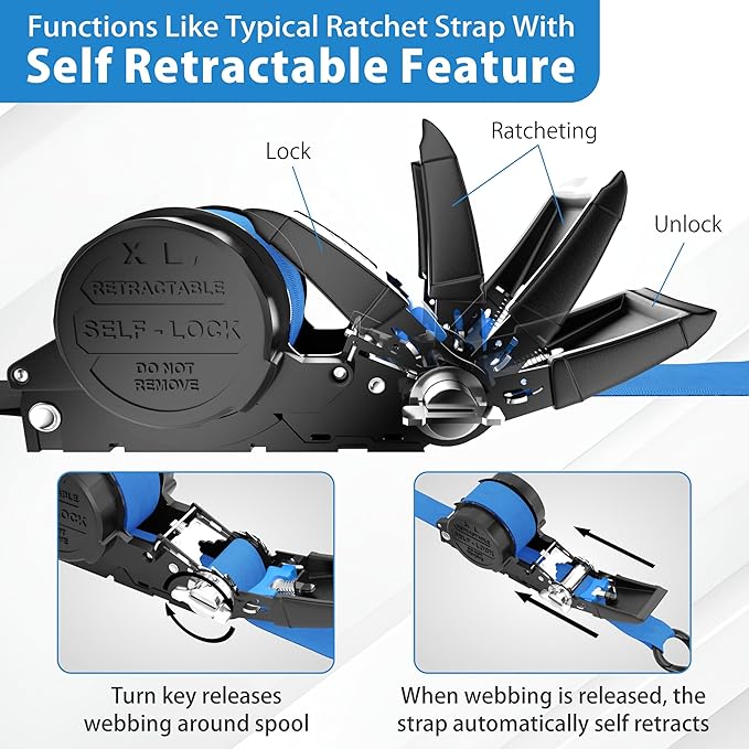 USA Based Retractable Ratchet Straps (2PK) 1in x 16ft - 1,500lb Break Strength, Heavy Duty Automatic Ratchet Straps Self Retractable Tie Down, Push Button Retracting Truck Trailer Cargo | Blue