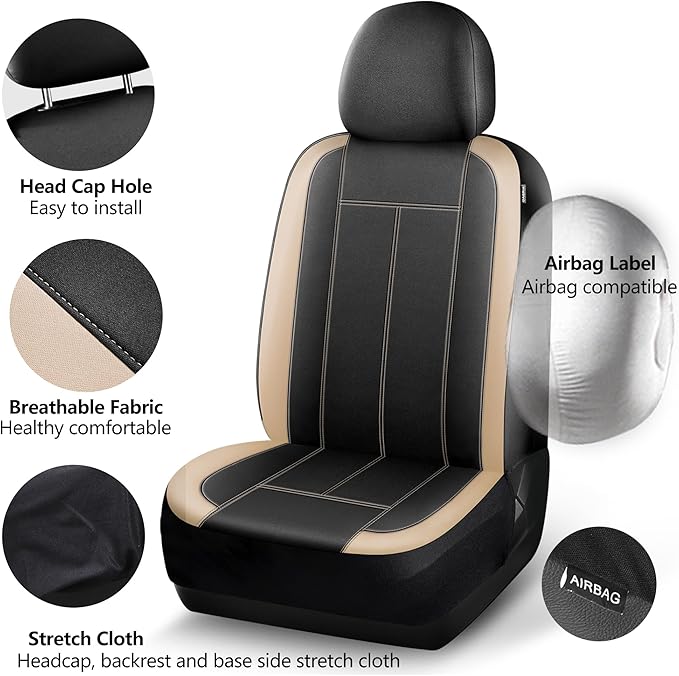 Neoprene Waterproof Car Seat Covers, Premium Cloth Seat Covers, Car Seat Cover Front Seats Airbag Compatible, Universal Automotive Comfort for Most Cars,Trucks,SUVs(Black Beige 816)