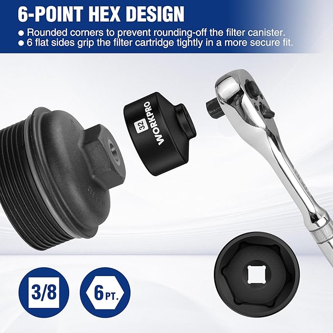 WORKPRO 32mm Oil Filter Socket Wrench, Oil Filter Removal Tool, Oil Filter Change Set, Ideal for Some Ecotec, TDI, VW, Audi, BMW, Polaris, GM, Volkswagen, Pontiac, Chevrolet, Saturn, Pontiac, Saab