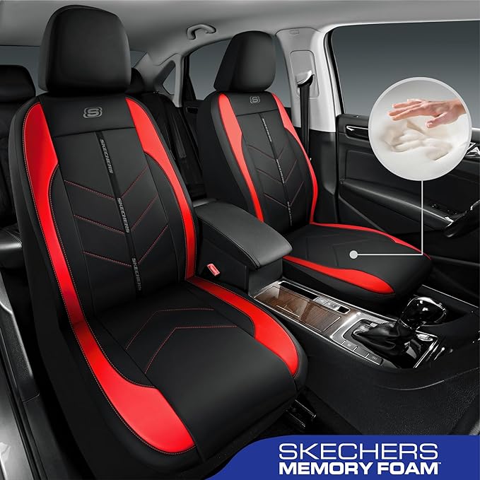 Skechers Car Seat Covers,Luxury Faux Leather Seat Covers,Waterproof Anti Slip Car Seat Protector Front Seats,Car Accessories Airbag Universal Fit for Most Cars,Vans,Trucks,SUV,Red
