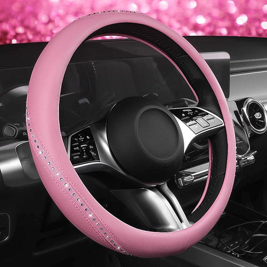 CAR PASS Bling Diamond Pink Leather Steering Wheel Cover, Studded Shining Rhinestones Universal Fit 14" 1/2-15" Glitter Sparkly Crystal Fit for Women Girl SUV,Vans,Sedans,Car,Trucks, Pink Diamond