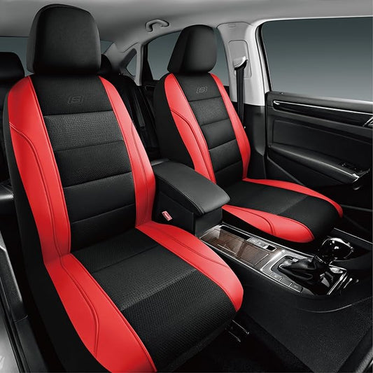 Skechers Aircooled & Memory Foam Car Seat Covers,Premium Leather with EVA Mesh Seat Covers, Front car seat Protector, Airbag Compatible, Automotive Comfort for Most Cars, Vans, Trucks, SUV,Red