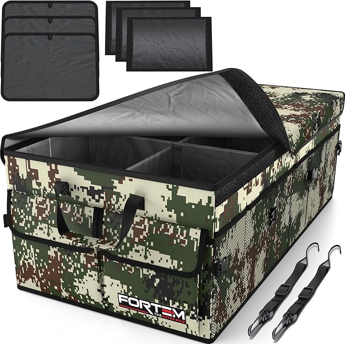 FORTEM Car Trunk Organizer, Collapsible Multi Compartment SUV Organizer, Foldable Storage for Car Accessories for Women Men, 600D Oxford, Non Slip Bottom, Securing Straps, Soft Cover (85L)