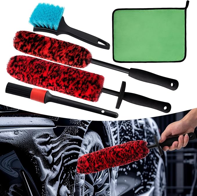 5 Pack Car Wheel and Tire Cleaner Brushes Kit Auto Motorcycle Rim Ultra Soft Microfiber No Spatter Bendable Woolies Bristle Cleaning Set (Red & Black)