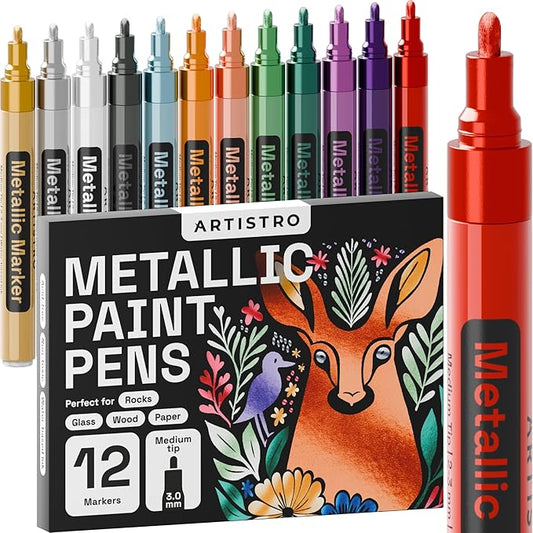 ARTISTRO 12 Metallic Paint Pens for Glass, Rock Painting, Ceramic, Wood, Fabric, Pebbles, Scrapbook Journals, Photo Albums, Card Stocks - Acrylic Paint Markers Medium Tip 3.0mm