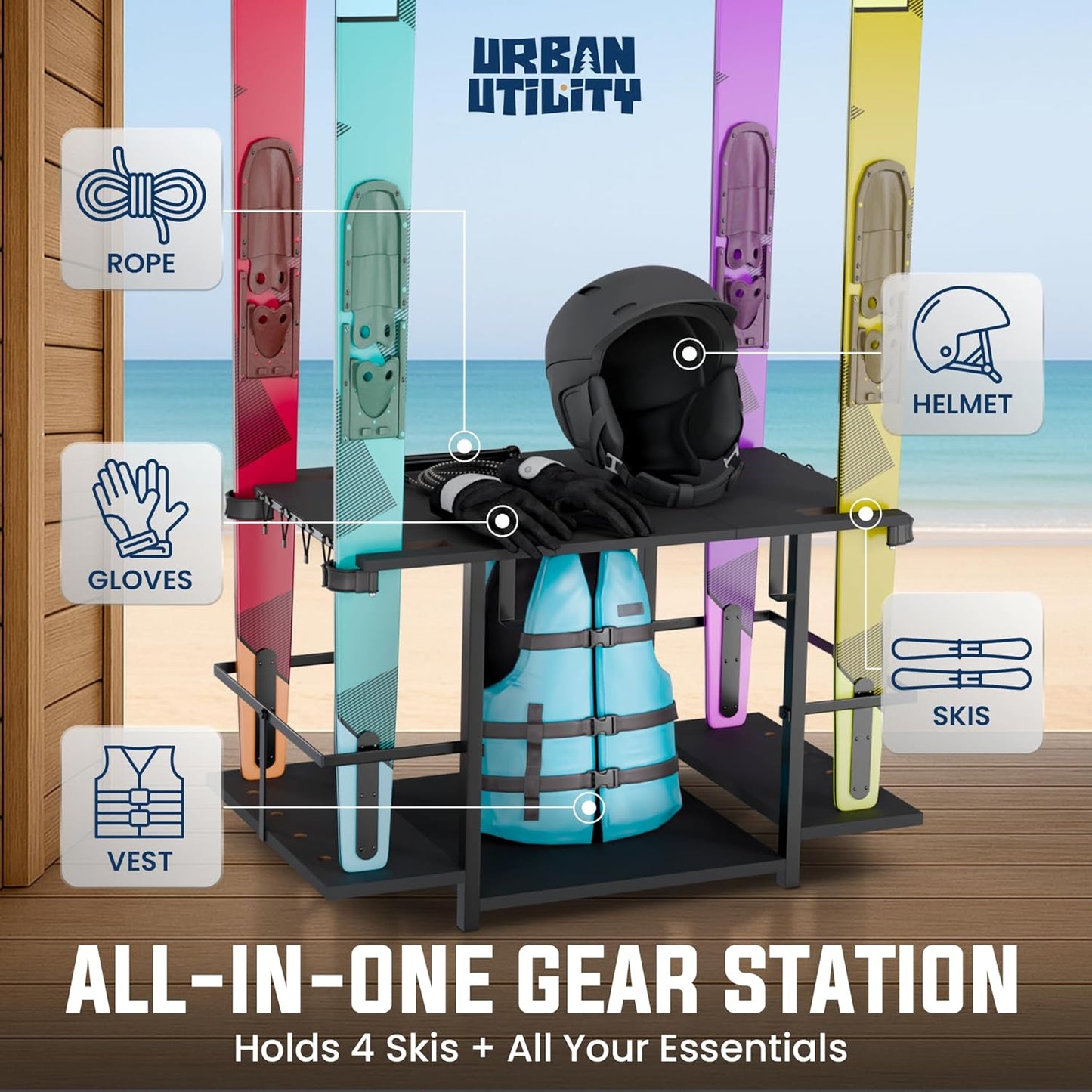 Water Ski Storage Rack – Garage Ski Rack Freestanding Organizer for Waterskis, Wakeboards, Paddleboards & Surfboards – Summer Water Sports Gear Holder for Indoor/Outdoor Use – 29x19x6 Inches