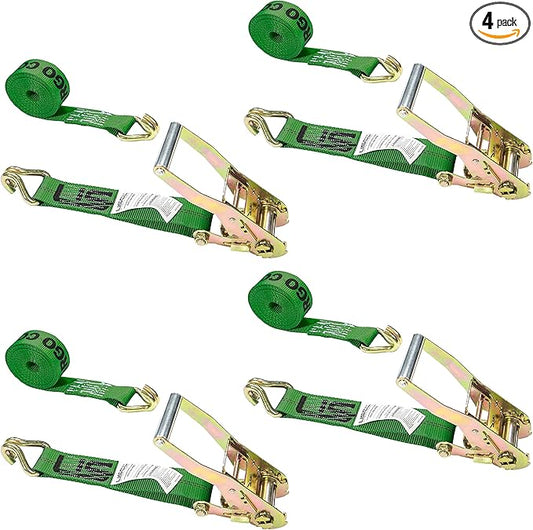 US Cargo Control J Hook Ratchet Straps 2 Inch x 18 Foot (4-Pack), 10,000 LBS Break Strength, 2 Inch Ratchet Straps with Double J-Hooks, Heavy Duty Green Tie Downs for Trucks, Trailers, Securing Cargo
