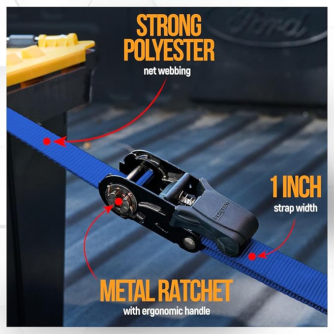 FORTEM Ratchet Straps, Tie Down Strap Set 2300lb Break Strength, 4 Pack 15ft x 1in, 4 Soft Loops, Moving Straps Tie Downs, Cargo Cam Buckles for Trucks, Carry Bag, for Men