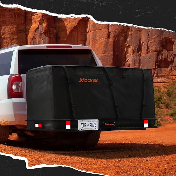Mockins XXL 70"x30"x6" Folding Trailer Hitch Cargo Carrier w/License Plate Bracket | 500 Lbs Cap Steel Luggage Rack for SUV Car & Truck w/ 40 CuFt Waterproof Cargo Bag for Hitch Carrier & Accessories