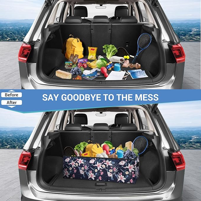 MIU COLOR Trunk Organizer for Car, Car Organizer, Sturdy Trunk Organizer for SUV, Non-Slip Bottom, Storage Organizer for Sedans, Van, Jeep, Grocery, Large 3 Compartments, Floral 32"×13"×10.6"