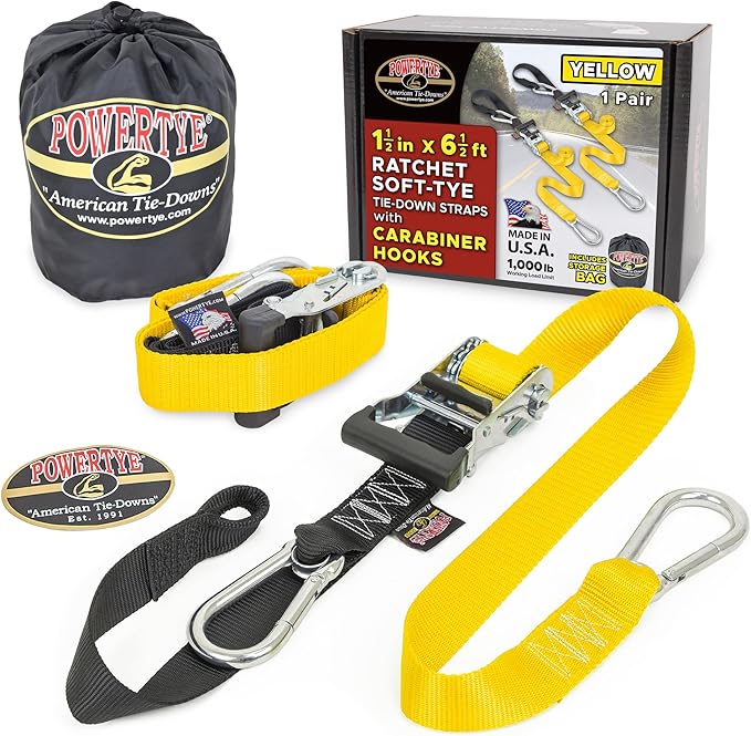 PowerTye 1.5 inch x 6.5ft Heavy Duty Ratchet Tie Down Straps with Carabiner Hooks, Soft-Tye & Storage Bag, for Motorcycle, ATV, Trailer & Cargo - 1,000 lb WLL - Made in USA - Yellow/Black Pair
