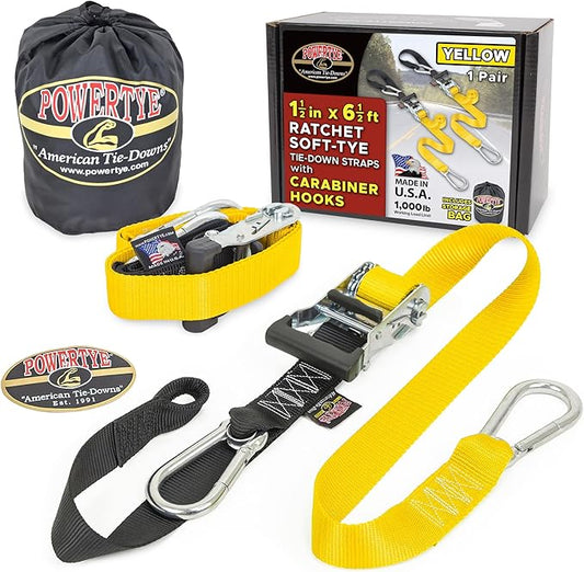 PowerTye 1.5 inch x 6.5ft Heavy Duty Ratchet Tie Down Straps with Carabiner Hooks, Soft-Tye & Storage Bag, for Motorcycle, ATV, Trailer & Cargo - 1,000 lb WLL - Made in USA - Yellow/Black Pair