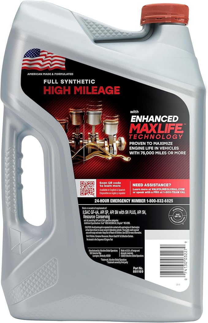 Valvoline Full Synthetic High Mileage with MaxLife Technology 5W-30 Motor Oil 5 Quart