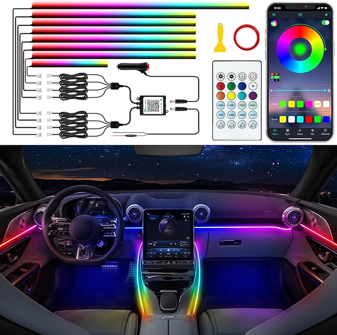 Car LED Strip Lights, Interior Acrylic LED Lights for Car with Dynamic Rainbow Dream Color Chasing, Car Ambient Lighting Kits, Music Sync (8 in 1(6 * 29.5+43.3+14.5 inches))
