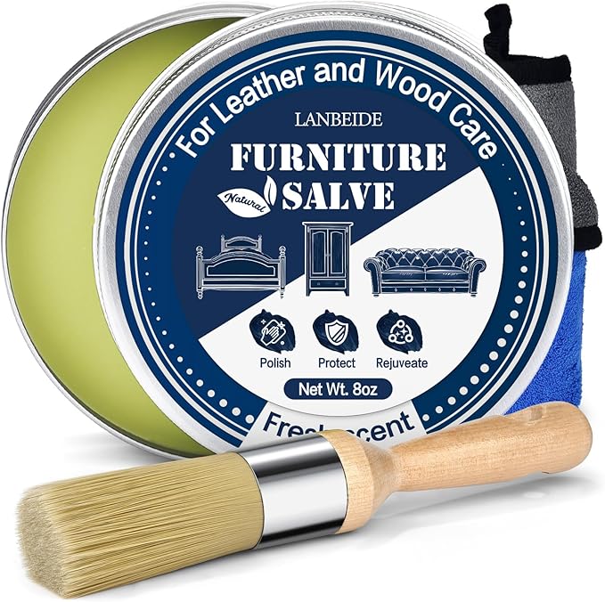 LANBEIDE Furniture Salve with Brush for Leather Wood, Polisher and Conditioner for Leather Couch and Furniture-Repair Salve 8OZ with Brush and Towel