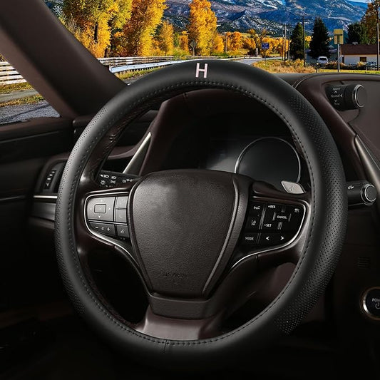 Genuine Leather Steering Wheel Cover for Men Women with Upgraded Silicone Inner Ring, Non-Slip, Breathable, Odorless, Universal 14.5-15 Inch (Pink H, Microfiber Nappa Leather)