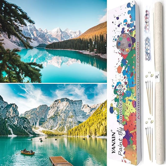 Paint by numbers Kit for adults beginners 2 pack paint by numbers kits for adults rolled up canvas for home decoration creative wall art with colorful gift box 12x16 inch Landscape Lake(231-232)