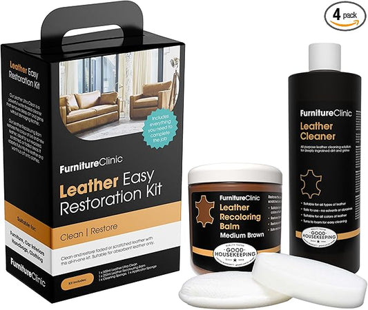 Furniture Clinic Leather Easy Restoration Kit | with Leather Recoloring Balm, Cleaner, Sponge, and Cloth | Leather Repair Kit for Scratched and Faded Furniture (Medium Brown)