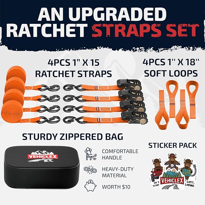 Ratchet Tie-Down Straps Set - (1" x 15', 2200lbs Breaking Strength) - Vehiclex Soft Loops, Coated S-Hooks, Storage Bag for ATV, Motorcycle, Bicycle, Kayak, Cargo Securing, Orange