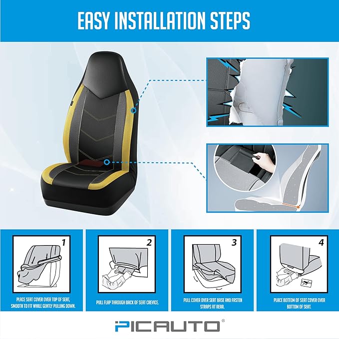 PIC AUTO Leather Car Seat Covers, Sports Carbon Fiber & Mesh Design, High-Back Two Front Set, Waterproof Automotive Seat Covers, Airbag Compatible, Universal Fit for Most Cars (Black & Yellow)