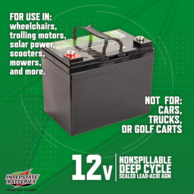 Interstate Batteries 12V 35AH Sealed Lead Acid (SLA) AGM Deep Cycle Battery (DCM0035) Insert Terminals