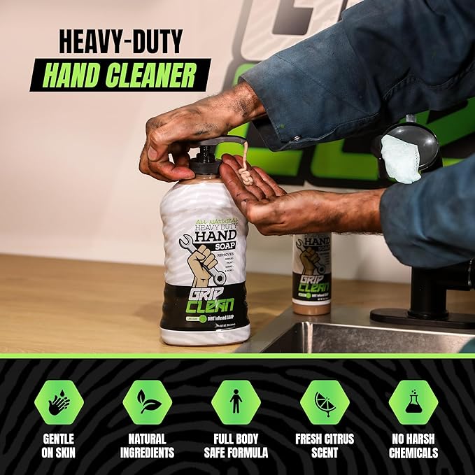 Grip Clean Heavy Duty Hand Cleaner for Mechanics – Natural Pumice & Clay-Infused Technology Removes Grease, Oil & Grime – Moisturizing Liquid Hand Soap for Shop, Garage & Industrial Use – 32oz